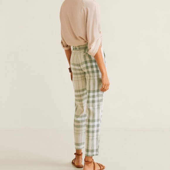 MNG Linen Belted Plaid Trousers Ankle Mid-Rise NWT - Picture 4 of 12